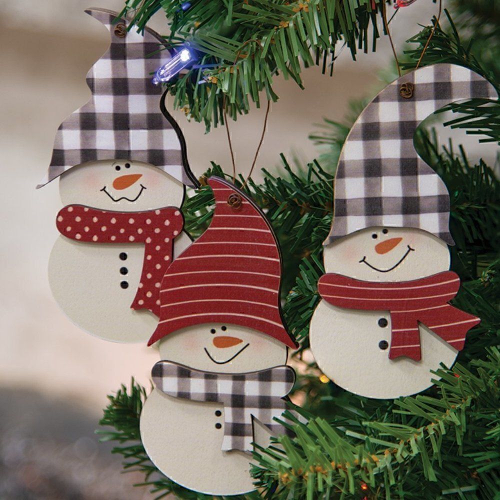 Christmas Snowman Buffalo Plaid Set of Three Wooden Tree Ornaments Holiday
